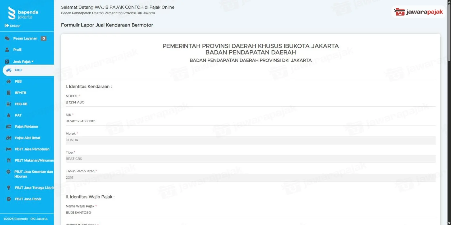 Bagian I Identitas Kendaraan berisi NOPOL, NIK, Merek, Tipe, dan Tahun Pembuatan dummy, lalu awal bagian II Identitas Wajib Pajak