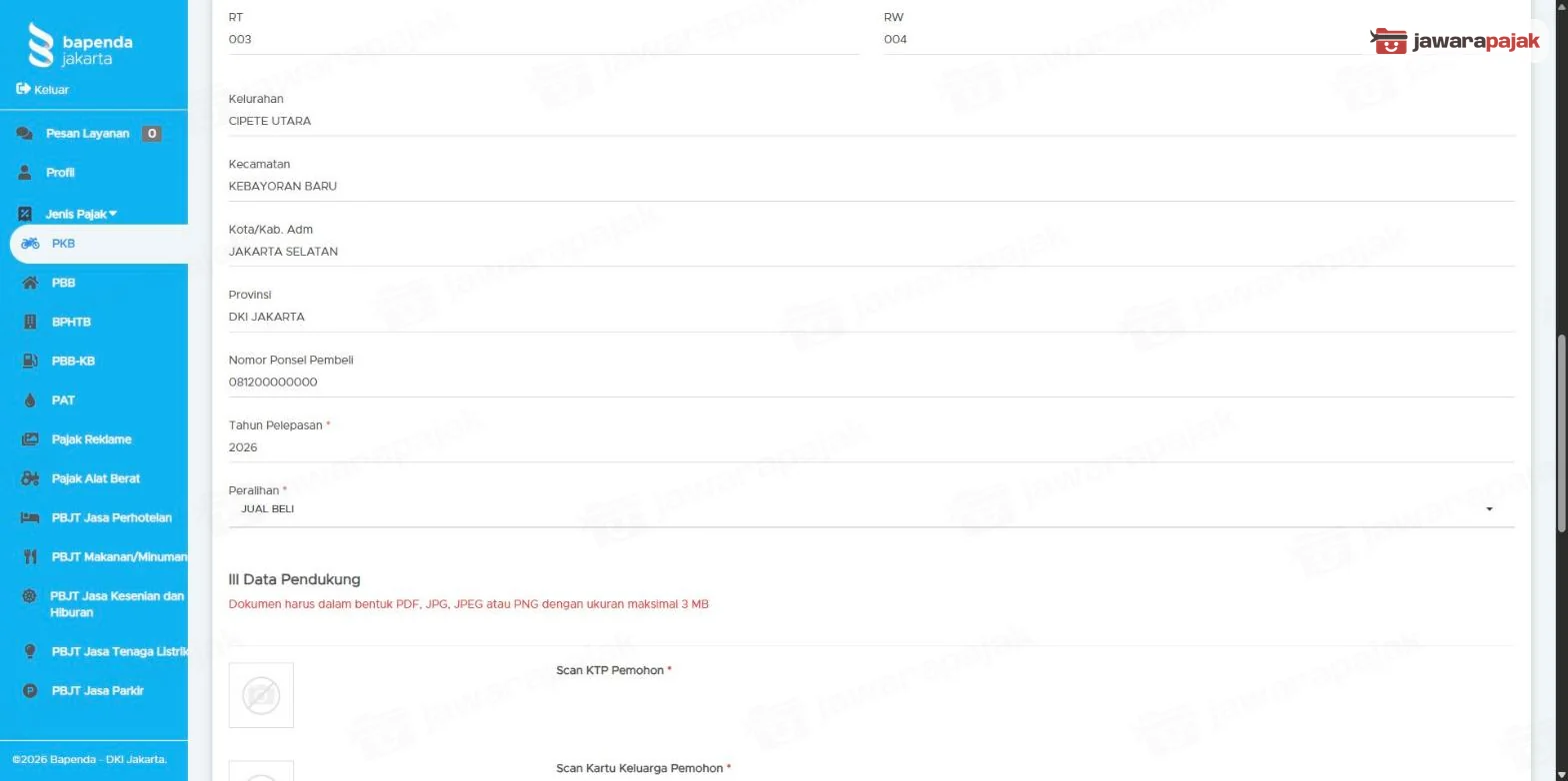 Isian Tahun Pelepasan dan Peralihan JUAL BELI, di bawahnya bagian Data Pendukung