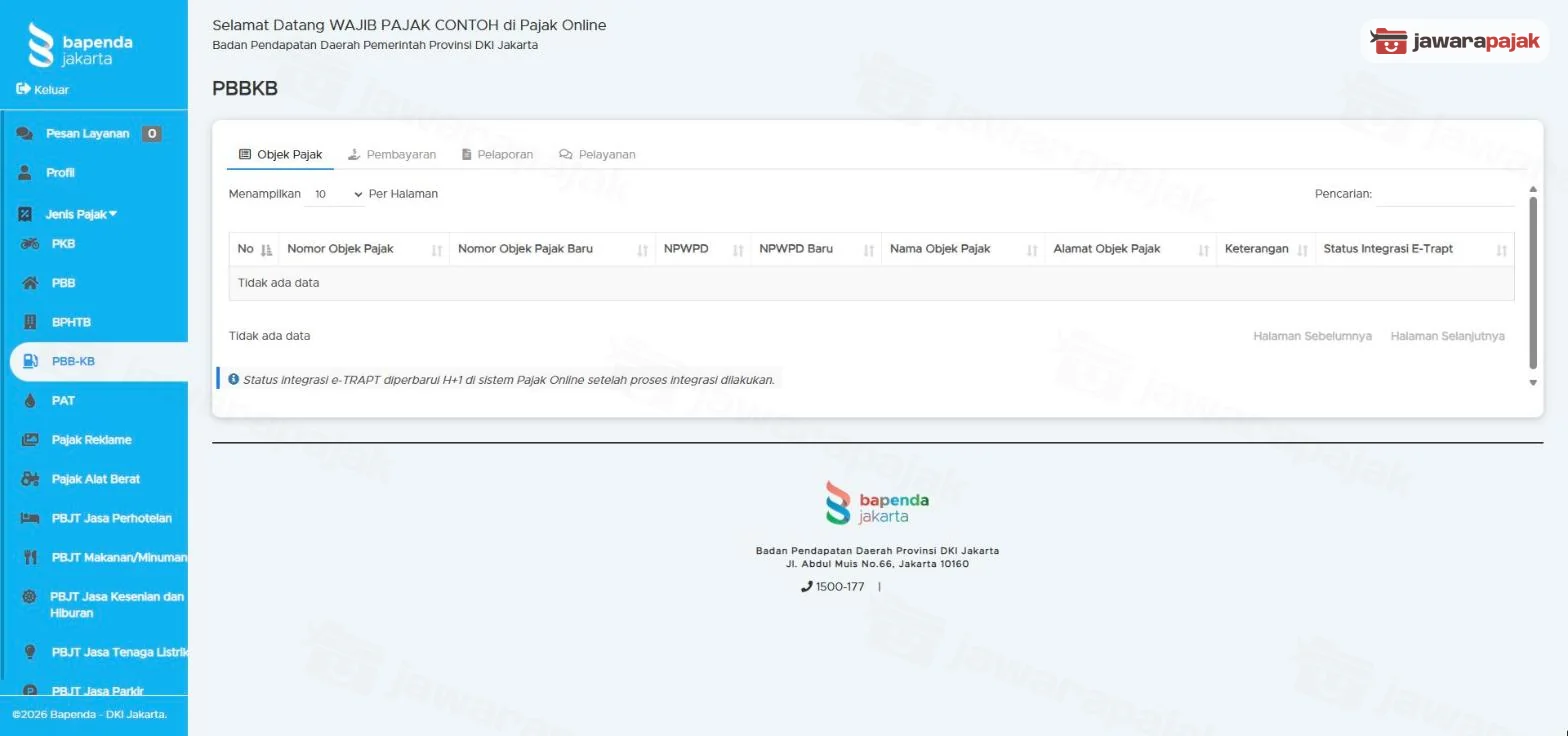 Tab Objek Pajak PBBKB dengan kolom Nomor Objek Pajak, Nomor Objek Pajak Baru, NPWPD, NPWPD Baru, dan Status Integrasi E-Trapt