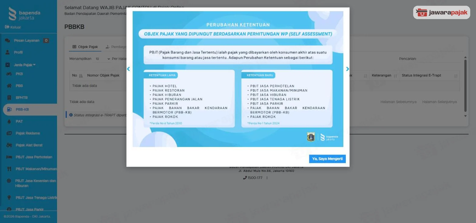 Jendela PERUBAHAN KETENTUAN di halaman PBBKB yang membandingkan ketentuan lama Perda 6/2010 dan ketentuan baru Perda 1/2024, dengan tombol Ya, Saya Mengerti
