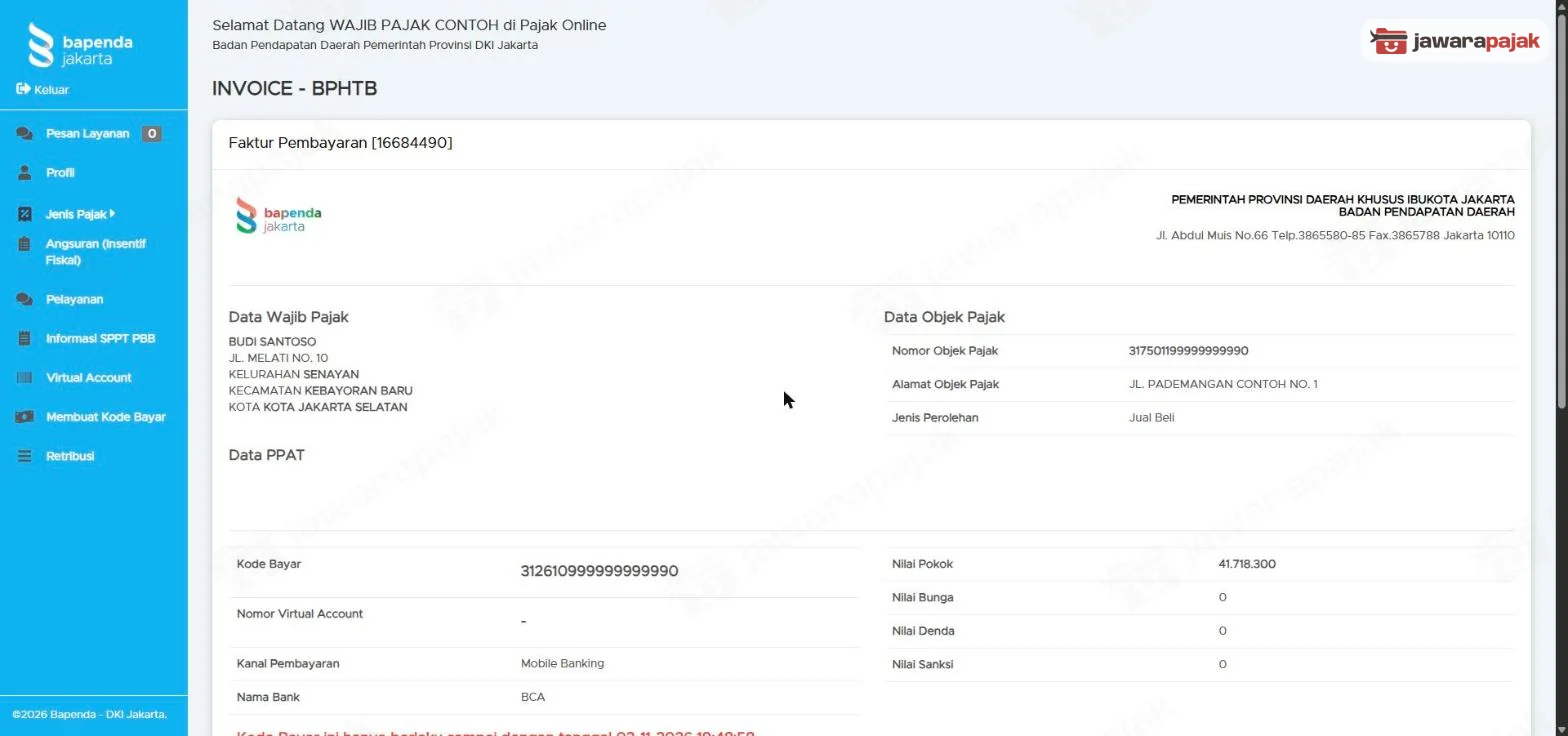 Halaman INVOICE - BPHTB dengan Data Wajib Pajak, Data Objek Pajak, Kode Bayar 18 digit, Kanal Pembayaran Mobile Banking, dan Nama Bank BCA, data dummy