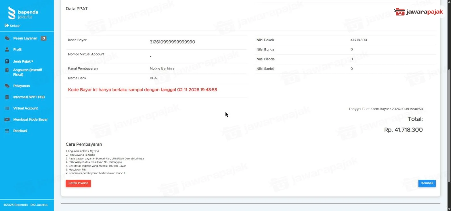 Bagian bawah invoice: batas berlaku kode bayar, Tanggal Buat Kode Bayar, Total, Cara Pembayaran, tombol Cetak Invoice dan Kembali