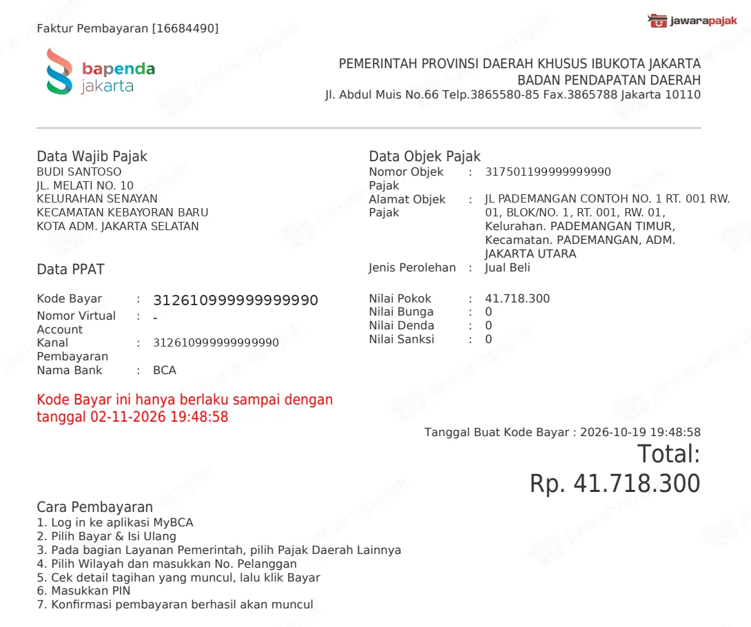 PDF Faktur Pembayaran hasil Cetak Invoice dengan kode bayar, total, dan cara pembayaran, data dummy