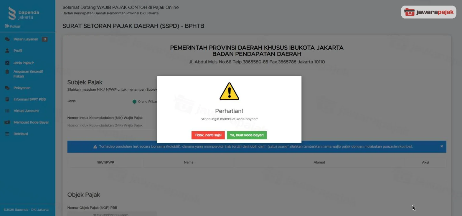 Jendela Perhatian! di halaman SSPD BPHTB dengan pertanyaan Anda ingin membuat kode bayar? dan tombol Tidak, nanti saja! serta Ya, buat kode bayar!