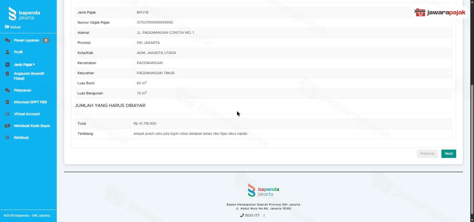 Bagian bawah langkah 1 dengan luas bumi, luas bangunan, Total dan Terbilang jumlah yang harus dibayar, serta tombol Next