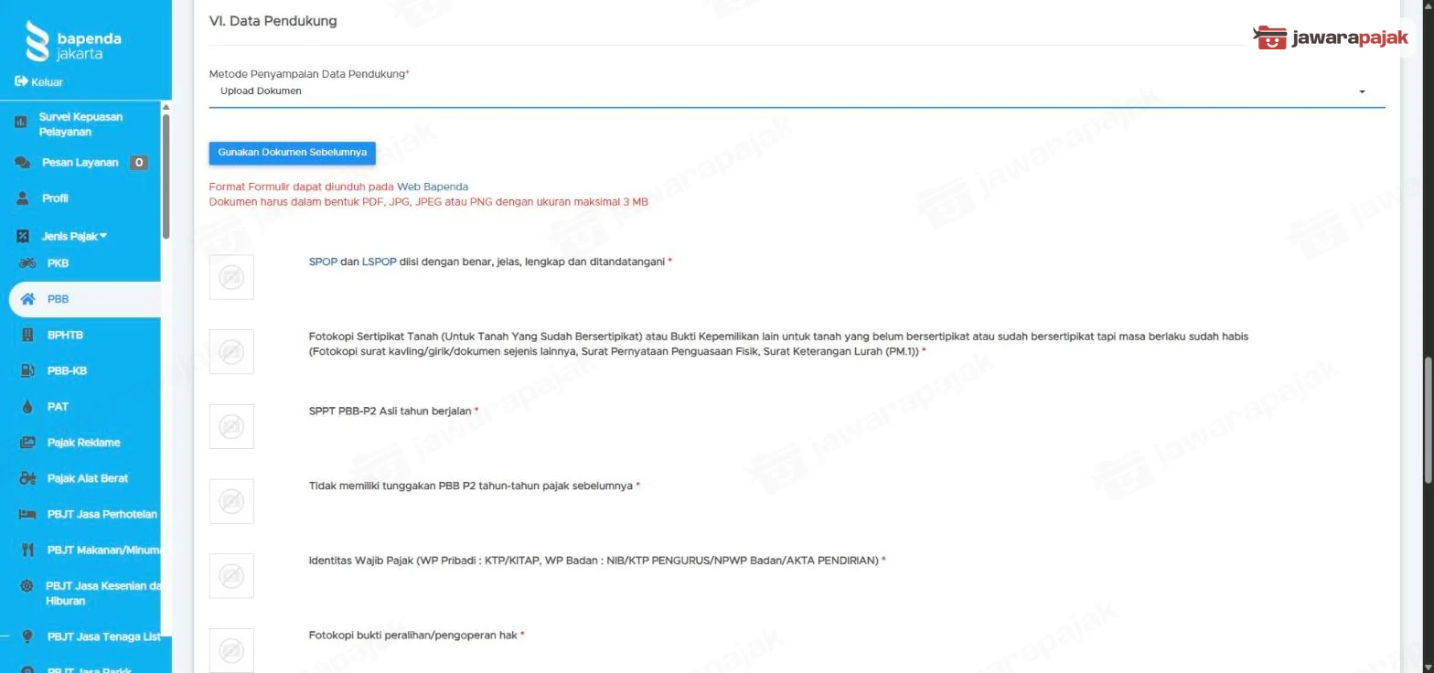 Bagian VI Data Pendukung di formulir PBB: Upload Dokumen, tombol Gunakan Dokumen Sebelumnya, catatan format maksimal 3 MB, dan daftar dokumen bertanda bintang