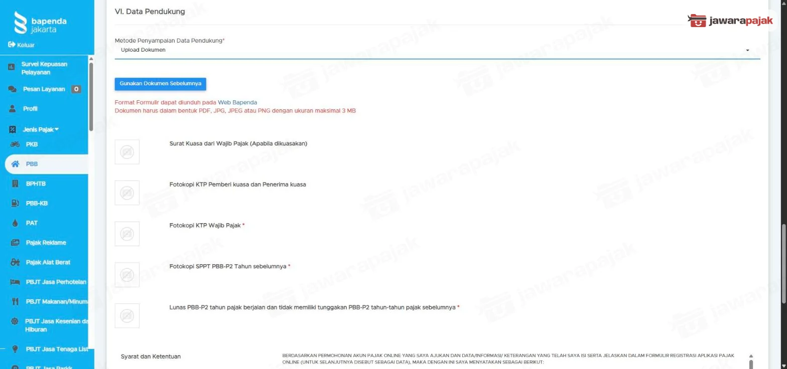 Bagian VI Data Pendukung permohonan SALINAN: metode Upload Dokumen, batas PDF/JPG/JPEG/PNG 3 MB, dan lima butir dokumen dengan tiga bertanda wajib