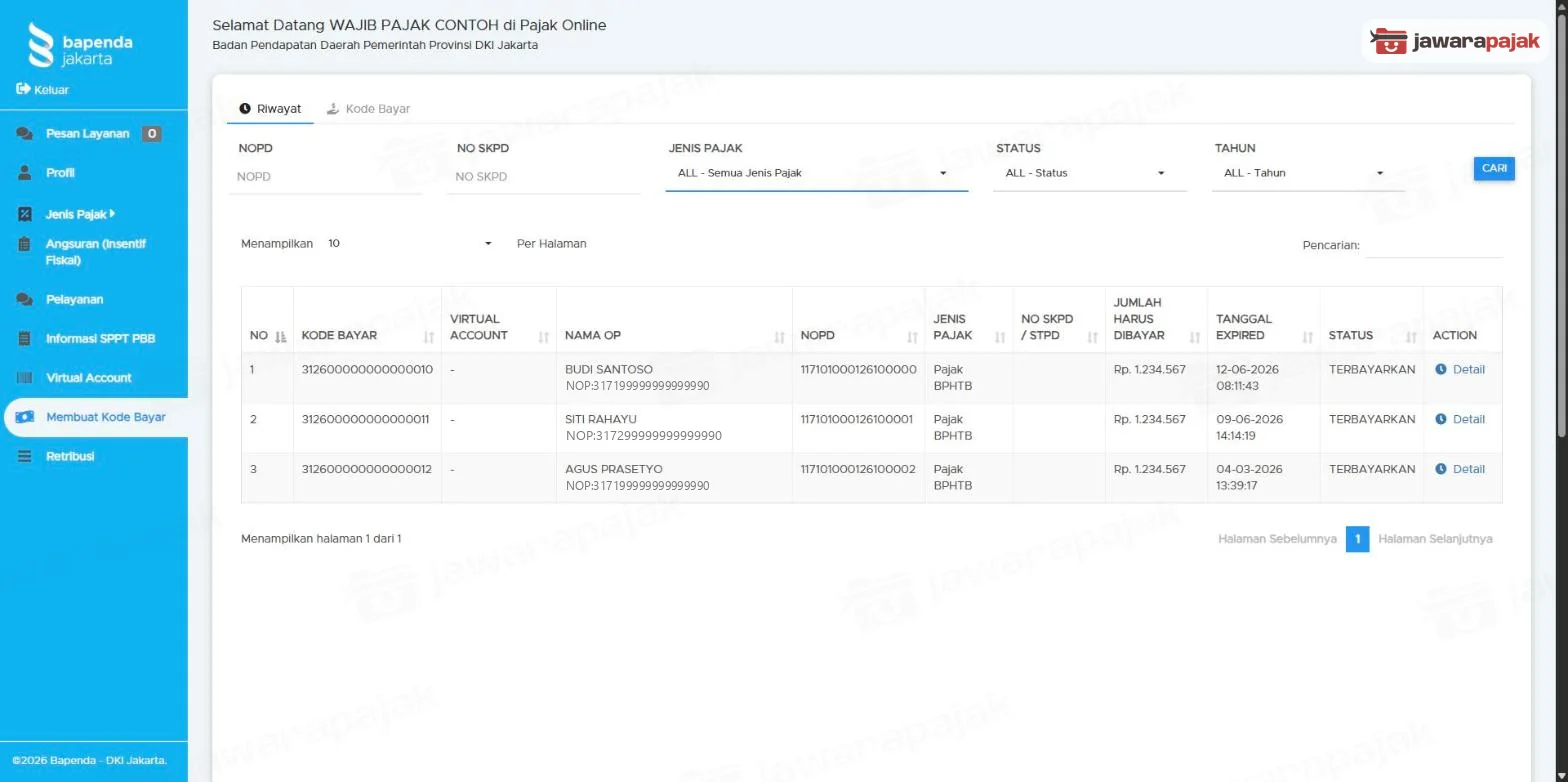 Tab Riwayat kode bayar dengan penyaring NOPD, NO SKPD, JENIS PAJAK, STATUS, TAHUN, dan contoh baris berstatus TERBAYARKAN