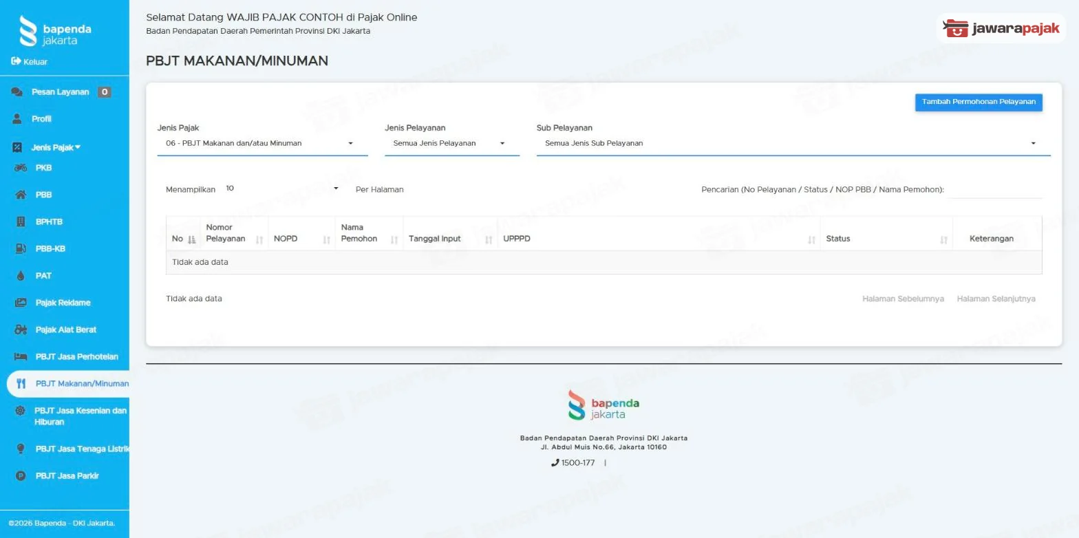 halaman PBJT Makanan/Minuman dengan daftar permohonan dan tombol Tambah Permohonan Pelayanan