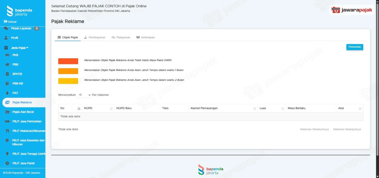 Tab Objek Pajak Pajak Reklame dengan keterangan warna merah HMP, oranye jatuh tempo 1 bulan, kuning jatuh tempo 2 bulan, dan tabel objek