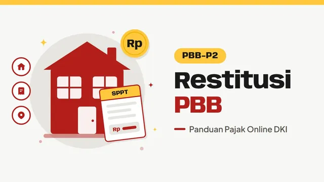 Ilustrasi rumah dan lembar SPPT PBB, bertuliskan Restitusi PBB