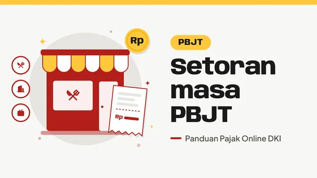 Ilustrasi rumah makan dengan struk pembayaran, bertuliskan Setoran masa PBJT
