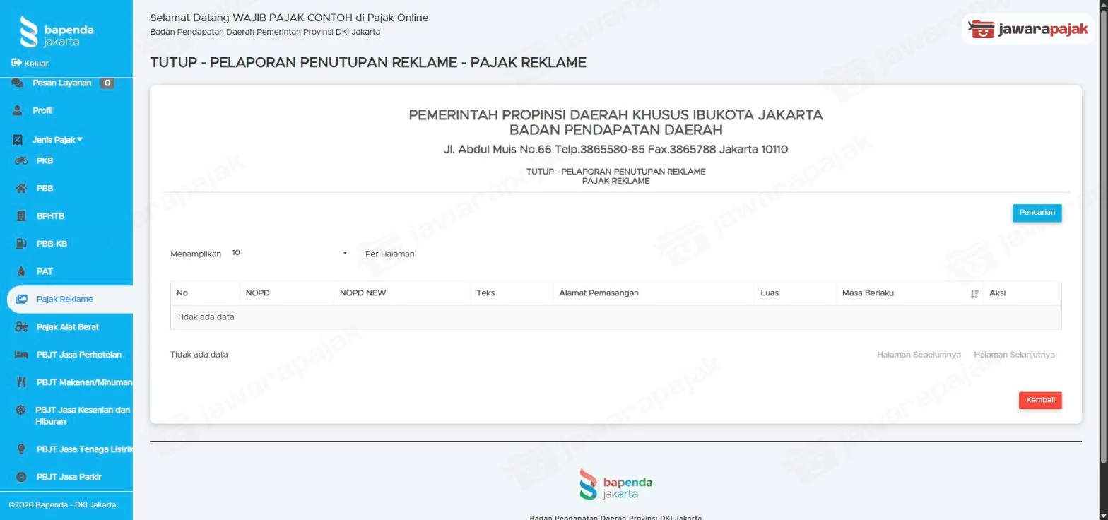 Halaman TUTUP - PELAPORAN PENUTUPAN REKLAME dengan tabel NOPD, NOPD NEW, Teks, Alamat Pemasangan, Luas, Masa Berlaku, Aksi, tombol Pencarian dan Kembali (akun uji tanpa objek)