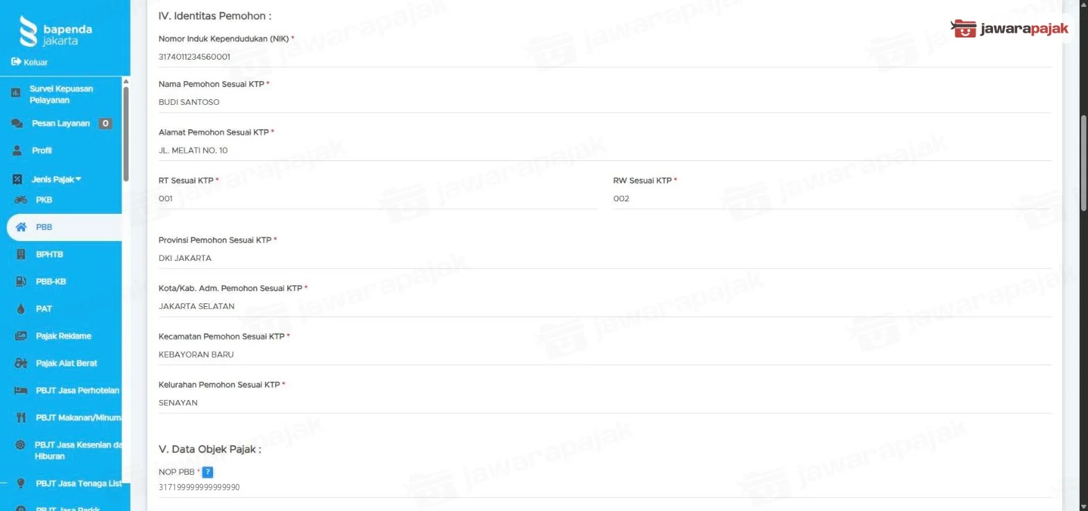 Bagian IV Identitas Pemohon terisi NIK, nama, alamat, RT, RW, provinsi, kota, kecamatan, dan kelurahan sesuai KTP (data dummy)