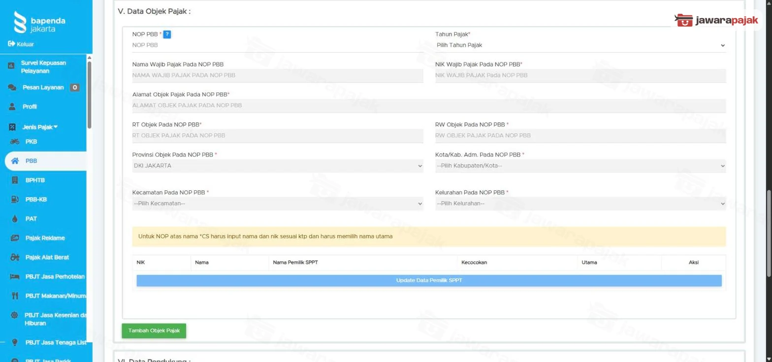 Bagian V Data Objek Pajak untuk UPDATE DATA NIK: NOP PBB, Tahun Pajak, data wajib pajak pada NOP yang terisi otomatis, kotak kuning, tabel NIK dan Nama Pemilik SPPT, tombol Update Data Pemilik SPPT dan Tambah Objek Pajak