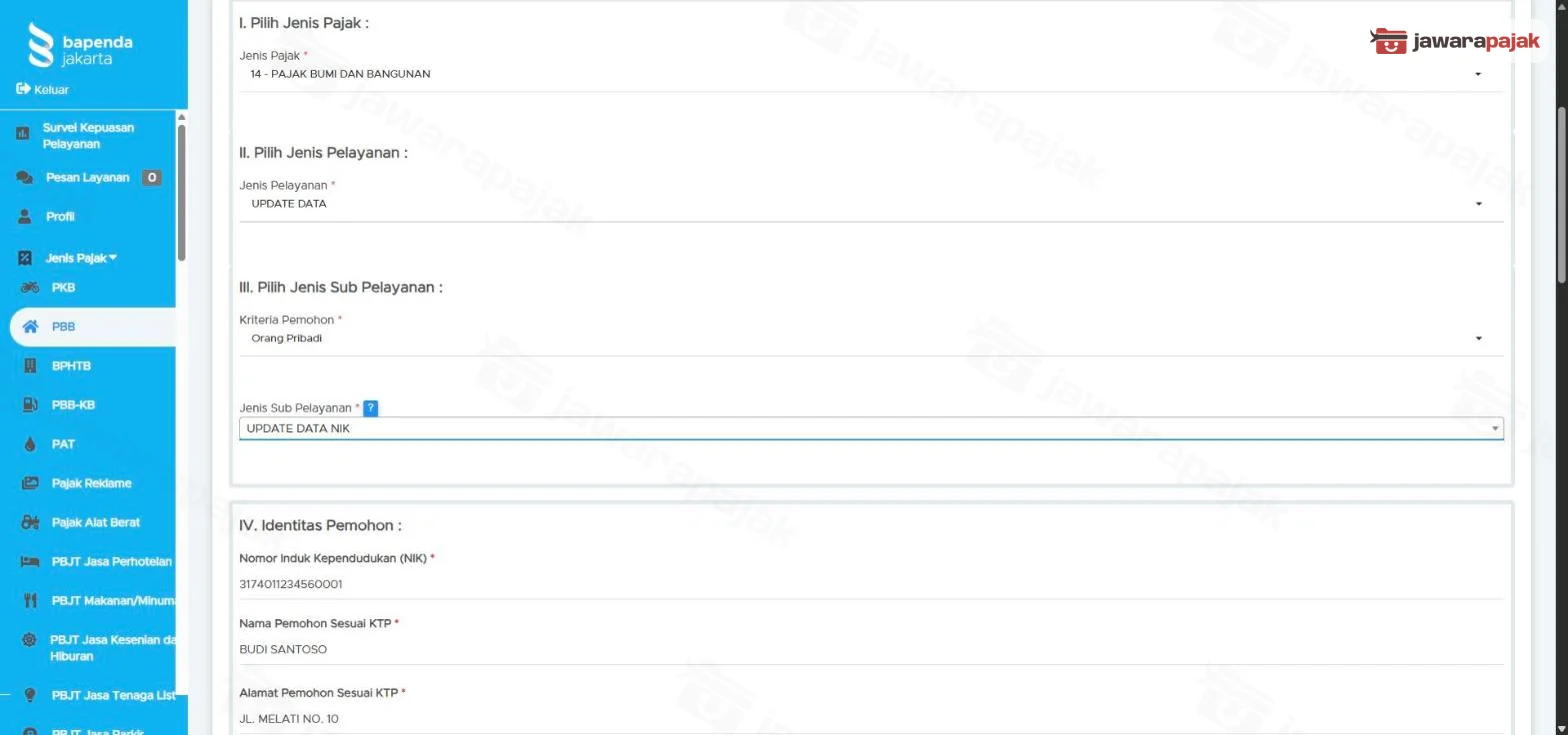 Formulir PBB dengan Jenis Pelayanan UPDATE DATA, Kriteria Pemohon Orang Pribadi, dan Jenis Sub Pelayanan UPDATE DATA NIK, disusul awal bagian IV Identitas Pemohon