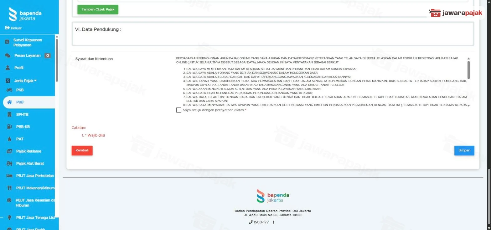 Bagian VI Data Pendukung yang kosong, Syarat dan Ketentuan, kotak Saya setuju dengan pernyataan diatas, tombol Kembali dan Simpan