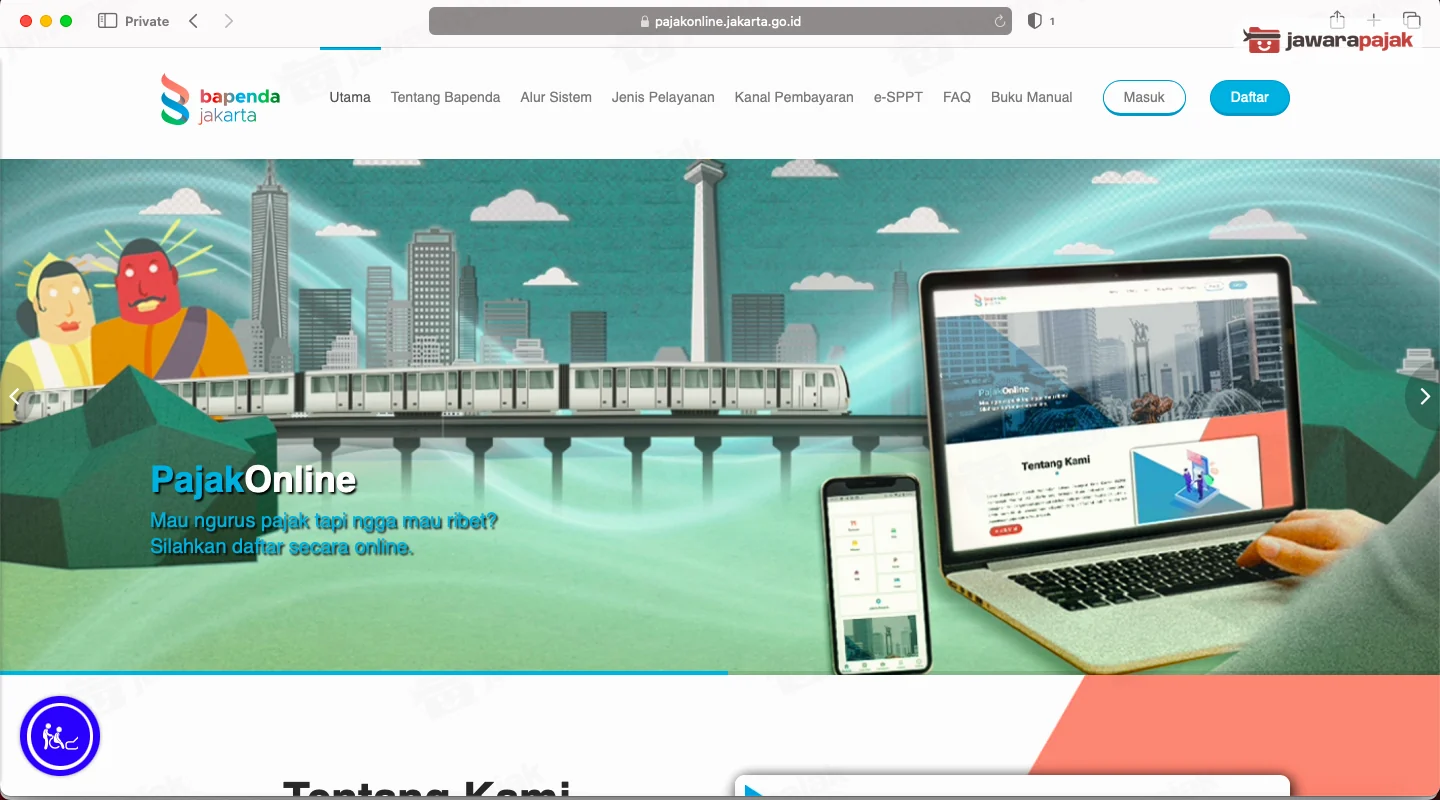 Halaman utama portal Pajak Online DKI Jakarta dengan tombol Masuk dan Daftar