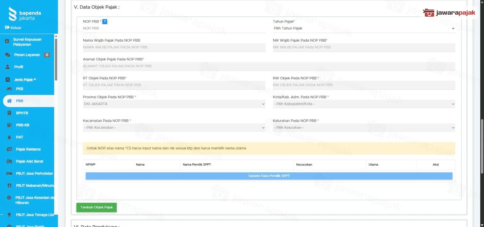 Bagian V Data Objek Pajak untuk UPDATE DATA NPWP: NOP PBB, Tahun Pajak, data wajib pajak pada NOP yang terisi otomatis, kotak kuning, tabel NPWP dan Nama Pemilik SPPT, tombol Update Data Pemilik SPPT dan Tambah Objek Pajak