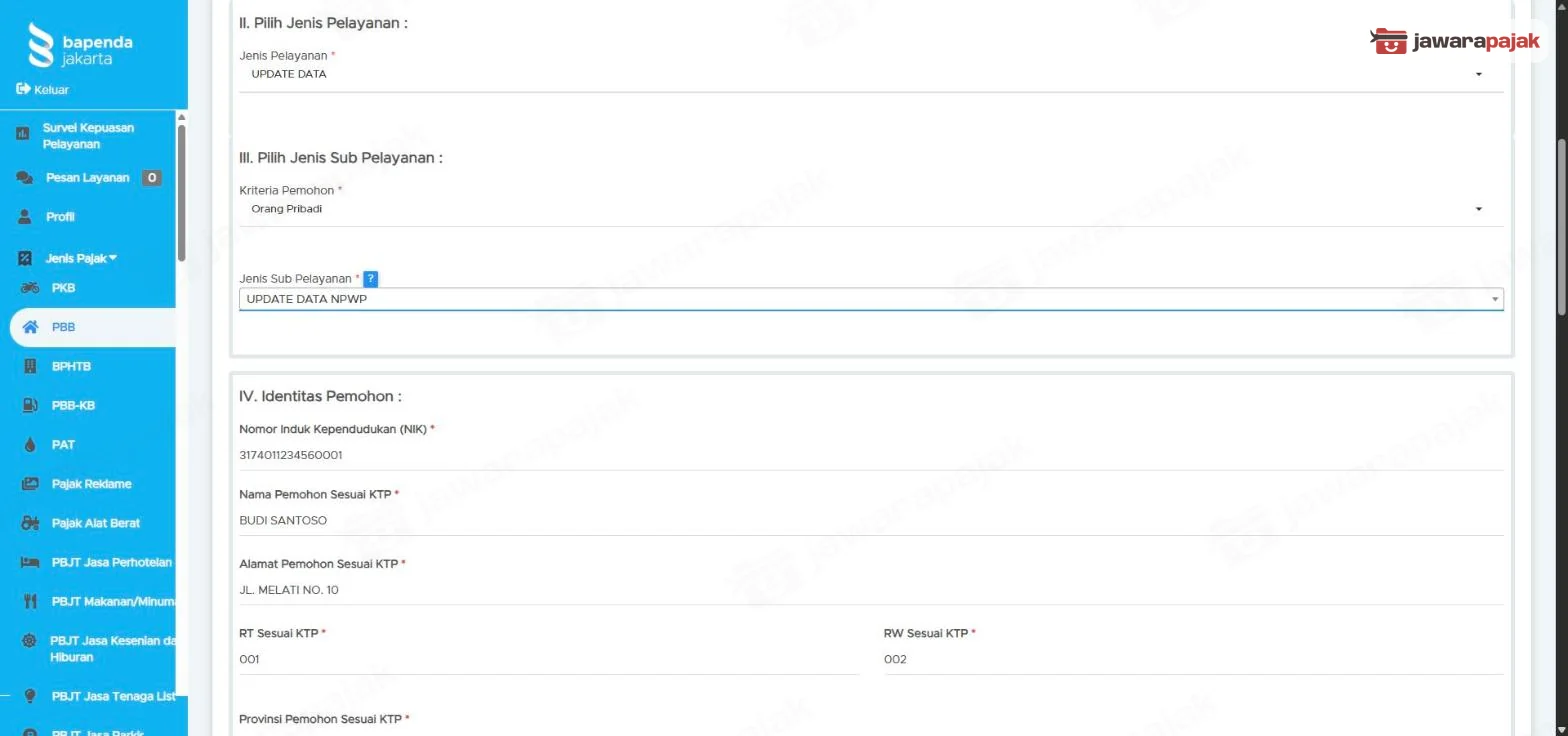 Formulir PBB dengan Jenis Pelayanan UPDATE DATA, Kriteria Pemohon Orang Pribadi, dan Jenis Sub Pelayanan UPDATE DATA NPWP, disusul awal bagian IV Identitas Pemohon