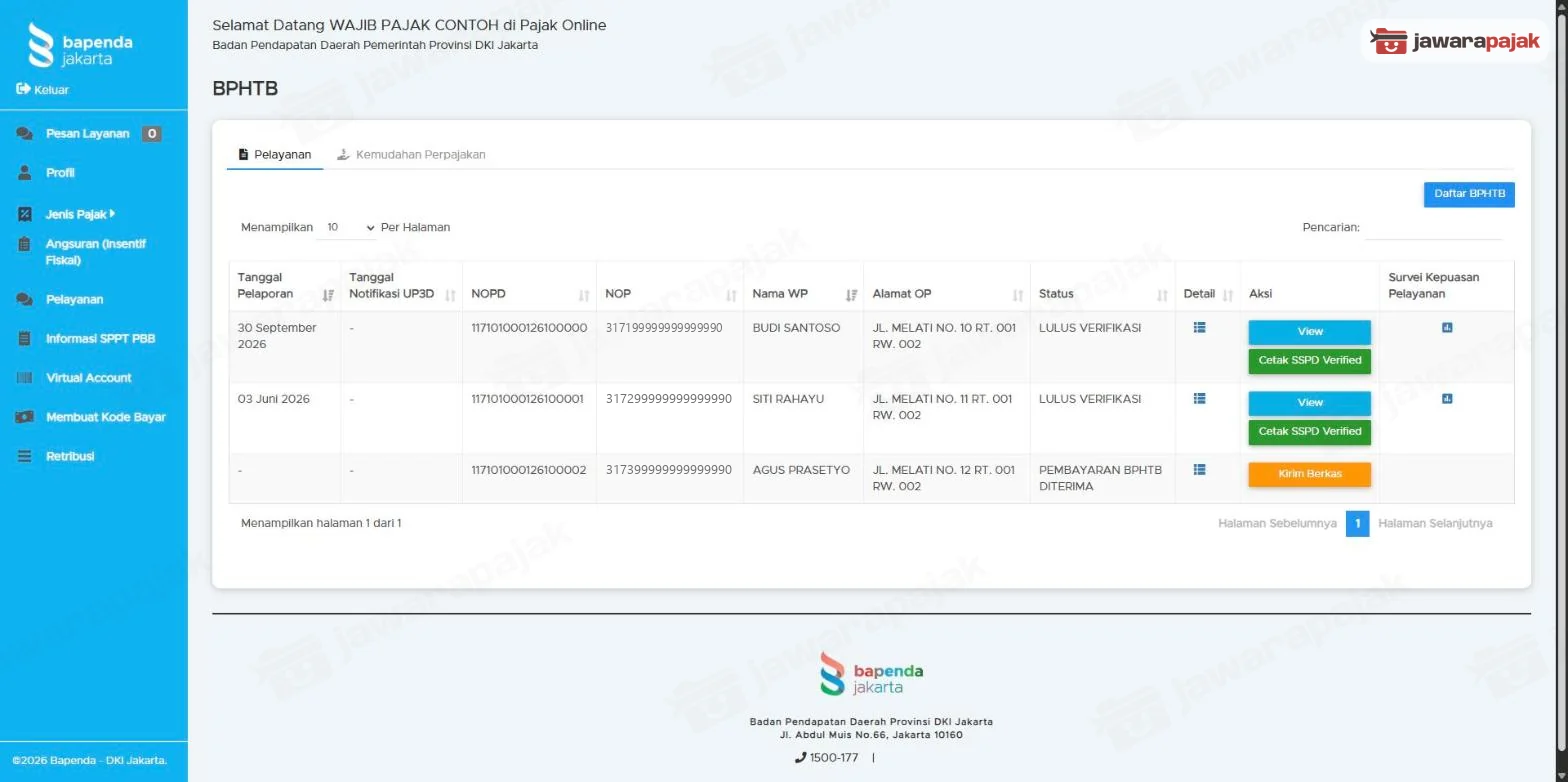 Baris SSPD berstatus PEMBAYARAN BPHTB DITERIMA dengan tombol oranye Kirim Berkas di kolom Aksi