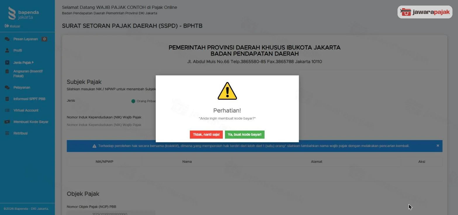 Pop up Perhatian: Anda ingin membuat kode bayar? dengan tombol Tidak, nanti saja! dan Ya, buat kode bayar!