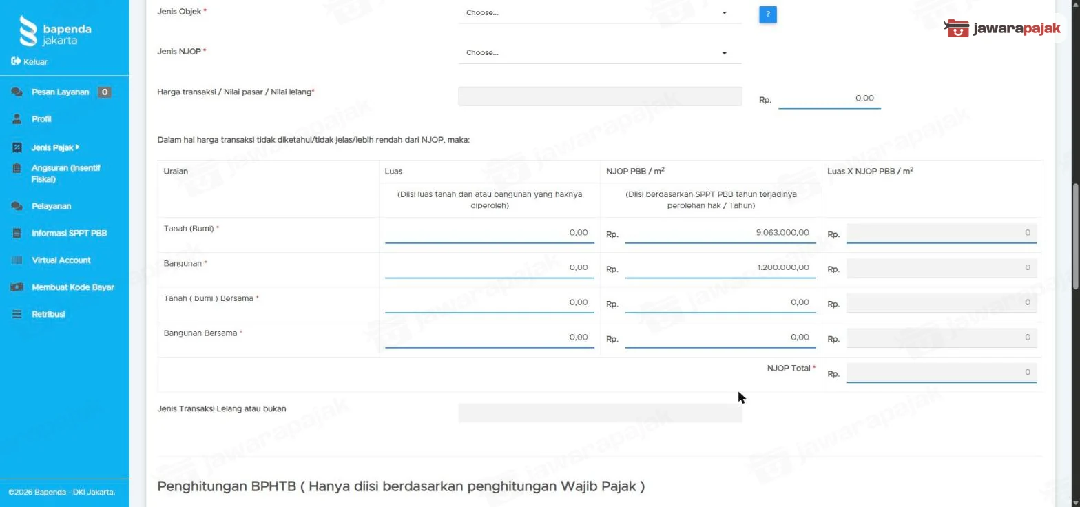 Bagian Perhitungan BPHTB Terhutang: Jenis Objek, Jenis NJOP, harga, dan tabel luas kali NJOP per meter
