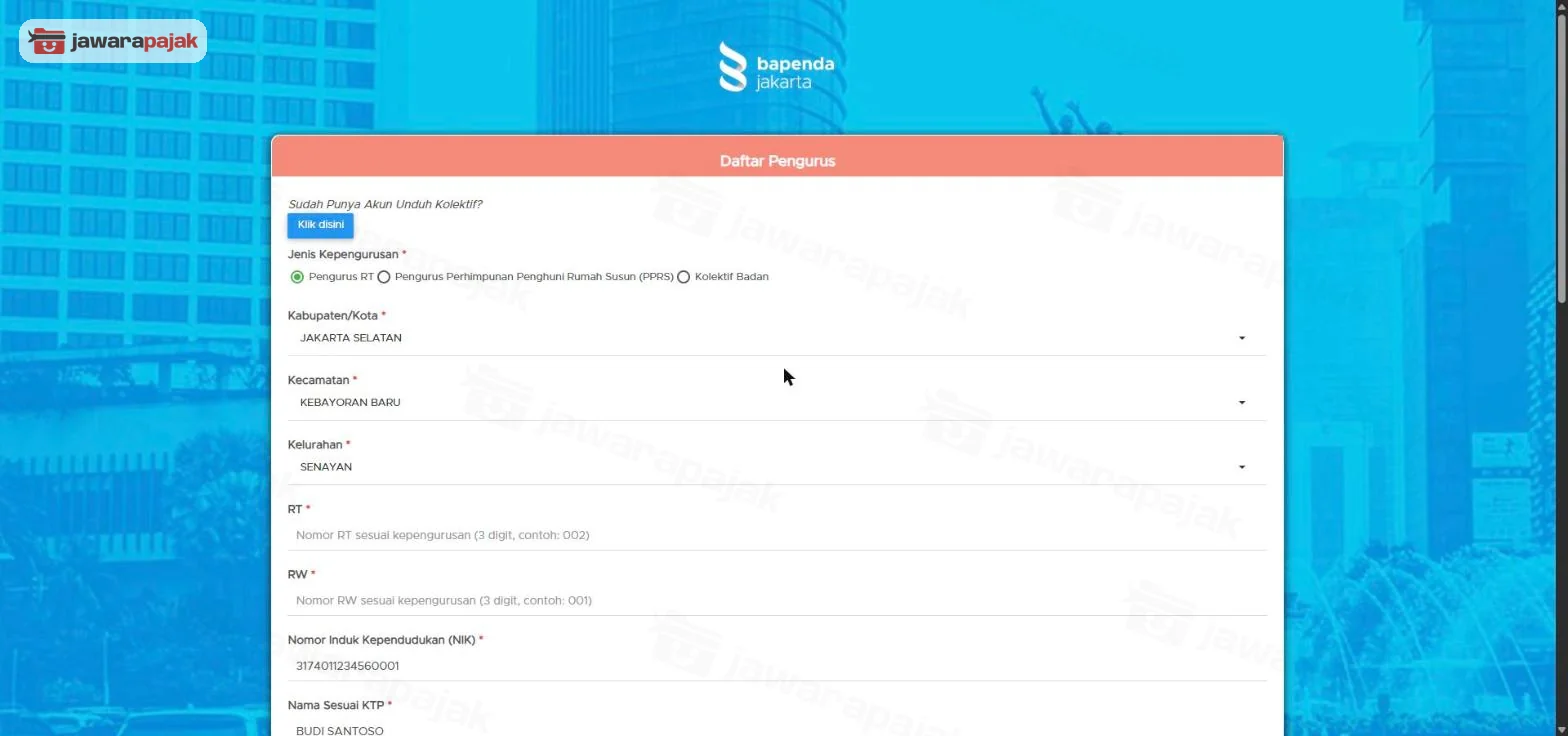 Formulir Daftar Pengurus: tombol Klik disini untuk yang sudah punya akun unduh kolektif, Jenis Kepengurusan, wilayah, RT, RW, NIK, dan nama sesuai KTP (data dummy)