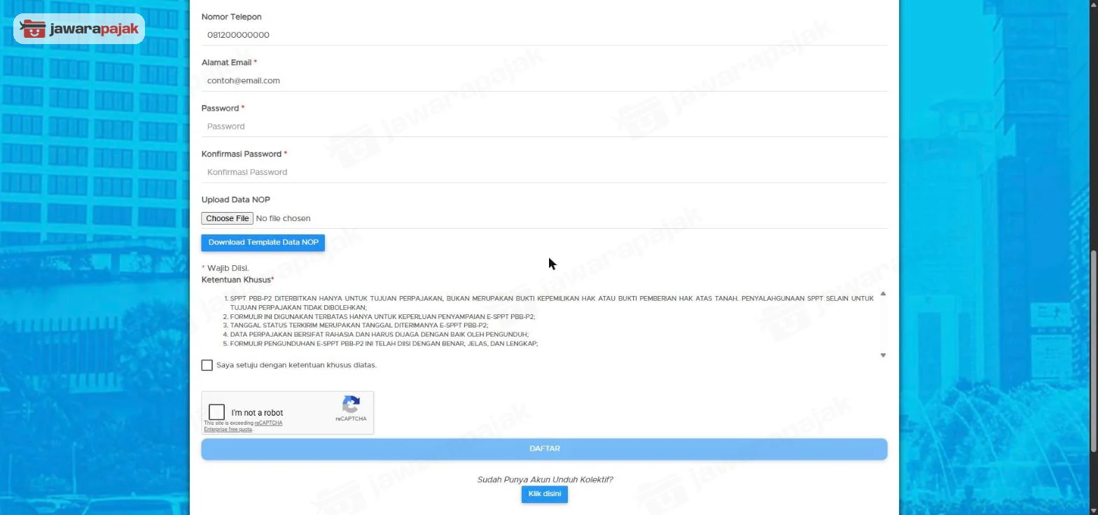 Bagian bawah formulir Daftar Pengurus: nomor telepon, email, password, Upload Data NOP, tombol Download Template Data NOP, Ketentuan Khusus lima butir, captcha, dan tombol DAFTAR