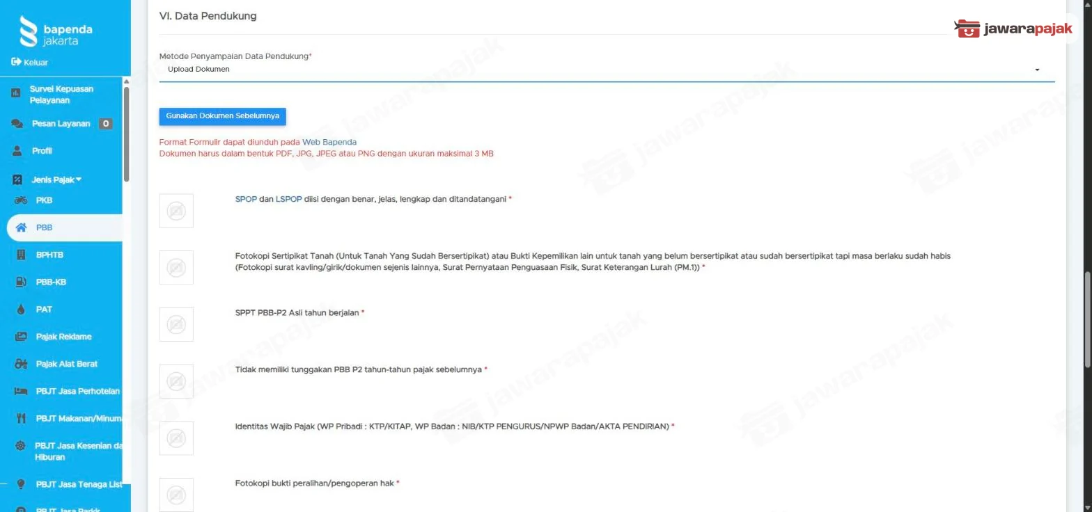 Bagian VI Data Pendukung di formulir tab Pelayanan PBB dengan Metode Penyampaian Data Pendukung Upload Dokumen, tombol Gunakan Dokumen Sebelumnya, dan catatan format maksimal 3 MB