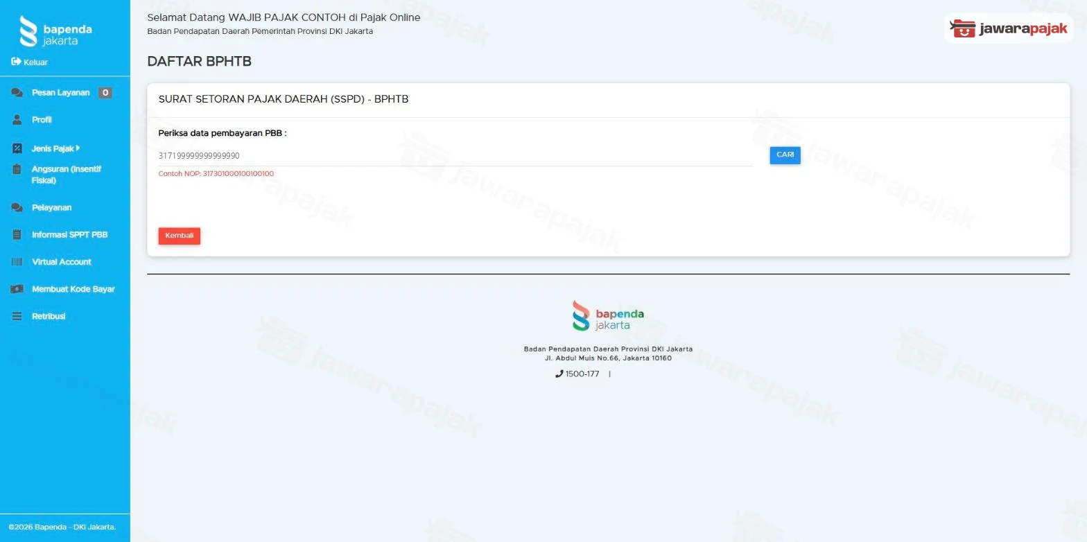Halaman DAFTAR BPHTB dengan isian NOP pada Periksa data pembayaran PBB dan tombol CARI