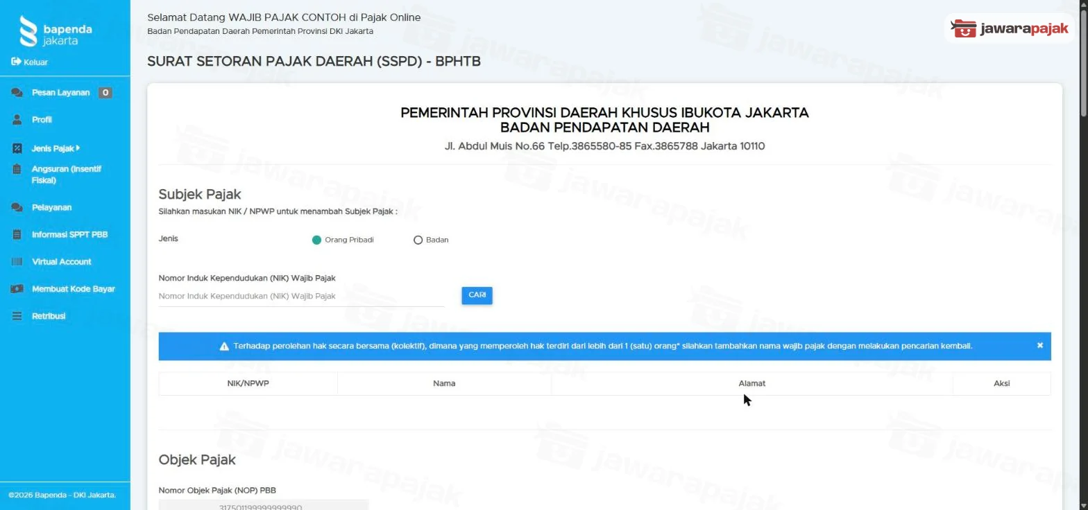 Bagian Subjek Pajak dengan pilihan Orang Pribadi atau Badan, isian NIK, tombol CARI, dan pesan untuk perolehan kolektif