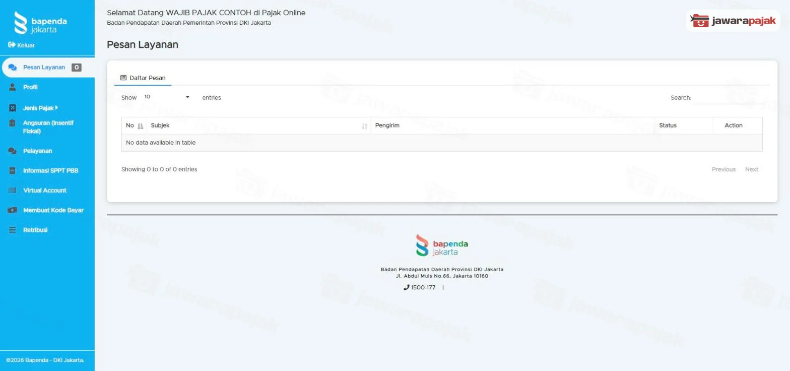 Menu samping akun Wajib Pajak: Pesan Layanan, Profil, Jenis Pajak, Angsuran (Insentif Fiskal), Pelayanan, Informasi SPPT PBB, Virtual Account, Membuat Kode Bayar, Retribusi, dengan halaman Pesan Layanan terbuka