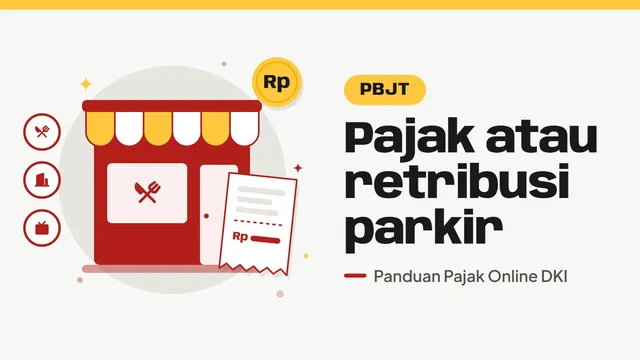 Ilustrasi rumah makan dengan struk pembayaran, bertuliskan Pajak atau retribusi parkir