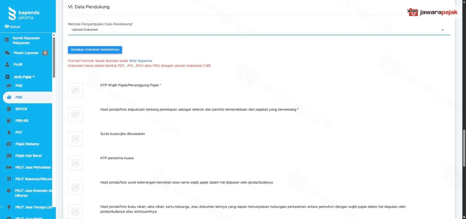 Bagian VI. Data Pendukung untuk sub veteran: KTP dan keputusan penetapan veteran bertanda wajib, lalu surat kuasa, KTP penerima kuasa, surat kematian, dan buku nikah