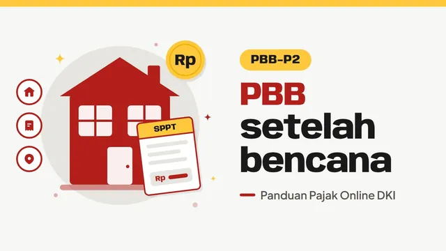 Ilustrasi rumah dan lembar SPPT PBB, bertuliskan PBB setelah bencana