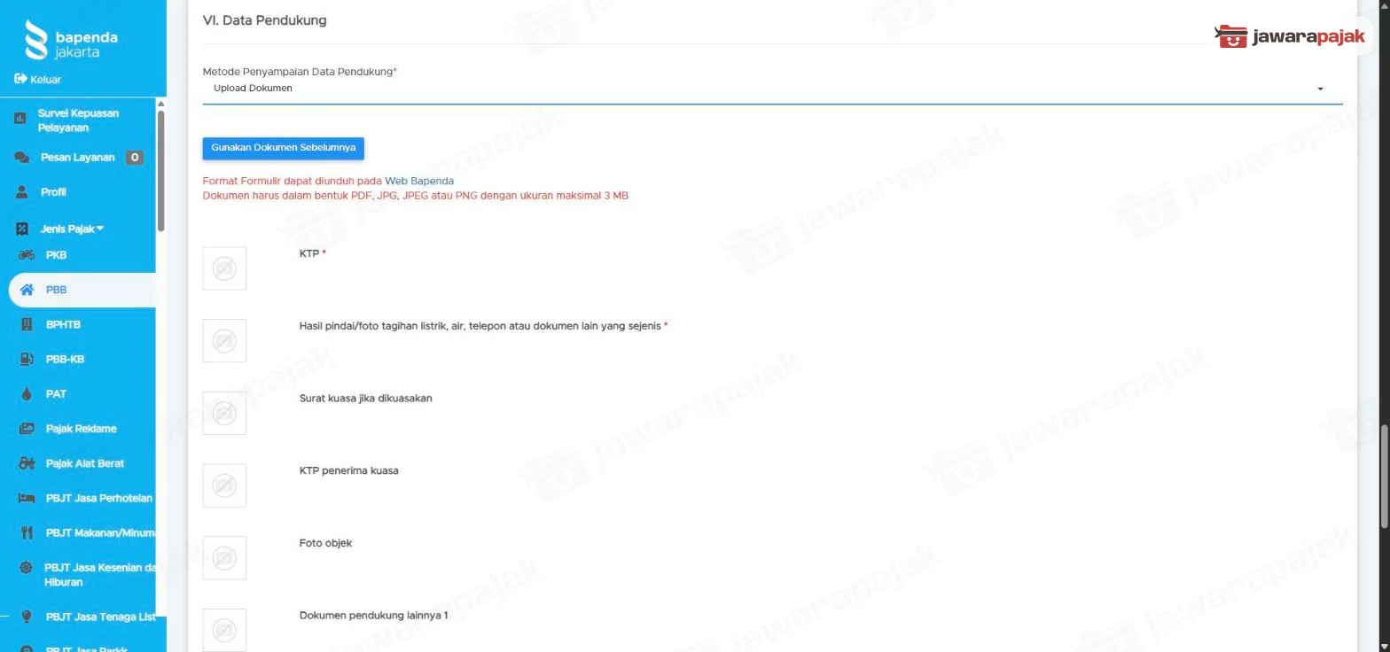 Bagian VI. Data Pendukung untuk sub penghasilan rendah: KTP dan hasil pindai tagihan listrik, air, telepon bertanda wajib, lalu surat kuasa, KTP penerima kuasa, foto objek, dan dokumen pendukung lainnya