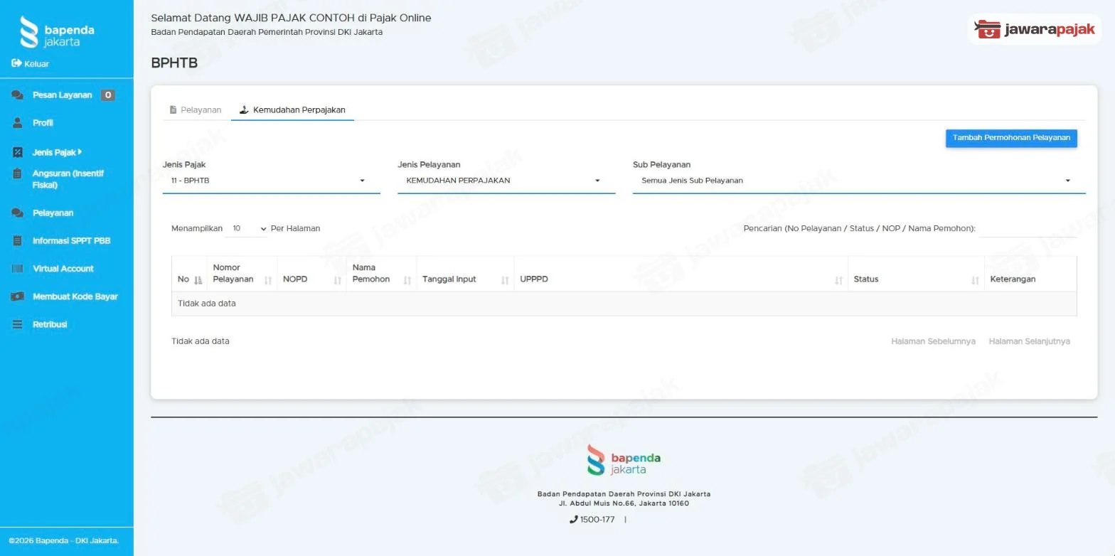 Tab Kemudahan Perpajakan di menu BPHTB dengan filter 11 - BPHTB dan KEMUDAHAN PERPAJAKAN serta tombol Tambah Permohonan Pelayanan